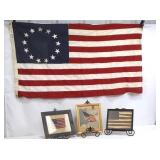 Vintage Betsy Ross Flag - 3 Framed Fabric US Flags Wall Art