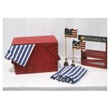 Red Woven Picnic Basket with Lid - Patriotic Display Set (2 Flags, Lemonade Sign, Pier 1 Napperon)