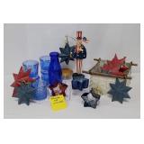 Patriotic Blue Glass Bottles Set with Star Ornaments & Uncle Sam Figurine