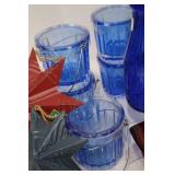 Patriotic Blue Glass Bottles Set with Star Ornaments & Uncle Sam Figurine