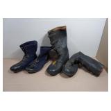 Antique Wool/Felt/Leather Hunting Boots and Black Rubber Buckle Over Boots