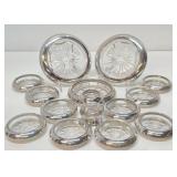 Large Set of Vintage Sterling Silver on Glass Coasters or Ashtrays etc