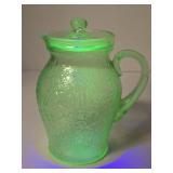 Excellent Vintage Green Vaseline Glass Juice Pitcher w/Lid