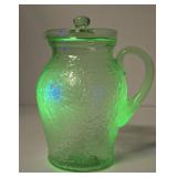 Excellent Vintage Green Vaseline Glass Juice Pitcher w/Lid