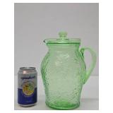 Excellent Vintage Green Vaseline Glass Juice Pitcher w/Lid