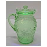 Excellent Vintage Green Vaseline Glass Juice Pitcher w/Lid