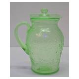 Excellent Vintage Green Vaseline Glass Juice Pitcher w/Lid