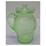 Excellent Vintage Green Vaseline Glass Juice Pitcher w/Lid