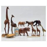 Collection of Carved Wood Animals & Brass Giraffe