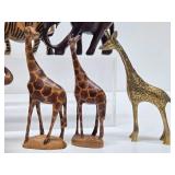 Collection of Carved Wood Animals & Brass Giraffe