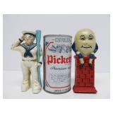 2 Heavy Cast Iron Coin Banks - Sailor & Humpty Dumpty