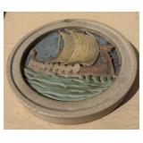 Exceptional Antique ROOKWOOD Faience Large Round Medallion Plaque w/Viking Dragon/Drakkar Ship