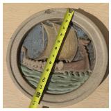 Exceptional Antique ROOKWOOD Faience Large Round Medallion Plaque w/Viking Dragon/Drakkar Ship