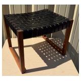 Excellent Mid Century Woven Leather & Teak Ottoman / Stool