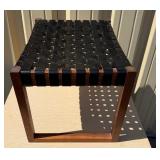 Excellent Mid Century Woven Leather & Teak Ottoman / Stool
