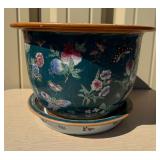 Large Signed Vintage Oriental Ceramic Planter w/Tray