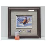 Framed Signed Numbered Daniel Smith Pheasant Print w/ 1/2"oz .999 Pure Silver Coin