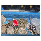 Vintage Jewelry Box Full of Cristian Jewelry Crosses etc - Including Sterling Silver