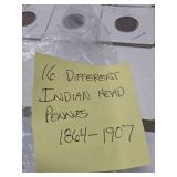 Lotof 16 US Indian Head Pennies Between 1864-1907