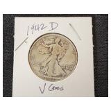 1942 Walking Liberty Half Dollar Coin with Denver Mint Mark