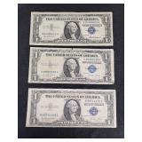 Lot of 3 Vintage Silver Certificate One Dollar Bills Including 1935 and 1957 Series