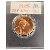 Lot of 4 Error Lincoln Penny Coins Including 1969D Off-Centered and 1958D Freak