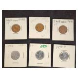 Lot of 5 Lincoln Wheat Pennies including 1943 Steel and 1944 Shell Case Varieties