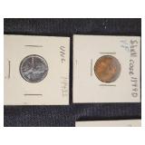 Lot of 5 Lincoln Wheat Pennies including 1943 Steel and 1944 Shell Case Varieties