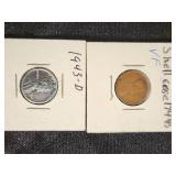 Lot of 5 Lincoln Wheat Pennies including 1943 Steel and 1944 Shell Case Varieties