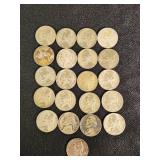 Lot of 21 Jefferson Nickels from 1942-1945 with Various Mint Marks