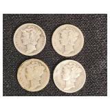 Lot of 4 Mercury Dimes from 1918, 1926, 1940, and 1944