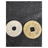 French 10 Centimes Coin and Asian-Inspired Coins with Miniature Saw and Chain
