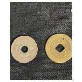 French 10 Centimes Coin and Asian-Inspired Coins with Miniature Saw and Chain