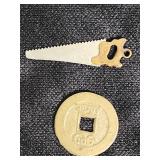 French 10 Centimes Coin and Asian-Inspired Coins with Miniature Saw and Chain