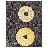 French 10 Centimes Coin and Asian-Inspired Coins with Miniature Saw and Chain