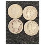 Mercury Dimes 1928, 1939, 1943, 1944 Silver Coins