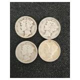 Lot of 4 Mercury Dimes 1923, 1935, 1938, 1944 - Silver Coins