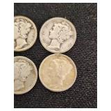 Lot of 4 Mercury Dimes 1923, 1935, 1938, 1944 - Silver Coins