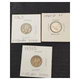 Mercury Dimes including 1939 D, 1936 D, and 1943 D