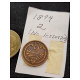 Lot of Coins Including 1894 2 Pfennig, French Francs, and Italian Lire