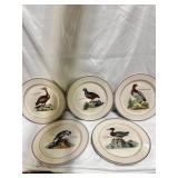 5 sought after Villeroy & Boch Paradiso dinner plates, featuring various wild game birds and a brown trim.