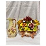 Italian Capodimonte porcelain decorative pieces featuring hand-applied roses