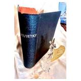 4 vintage items- Crucifix,crystal angel figurine, wooden saint, Kvietky book,