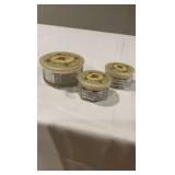 Vintage Art Deco Glass Vanity Jar Set – Floral Celluloid Lids – 3 Pieces