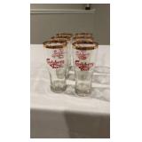 Vintage Carlsberg Beer Glasses - Set of 6 - Gold Gilt Rim - Footed Pilsner Style