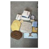 Vintage Table Linens & Textiles Lot – Quilted Placemats, Braid Trivets, & Embroidered Sunshine Towel