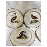 5 sought after Villeroy & Boch Paradiso dinner plates, featuring various wild game birds and a brown trim.