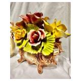 Italian Capodimonte porcelain decorative pieces featuring hand-applied roses