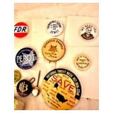 17 vintage political and event pins, FDR
