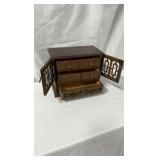 Vintage Wooden Jewelry Chest with Fretwork Doors - 11" x 6" x 9"
